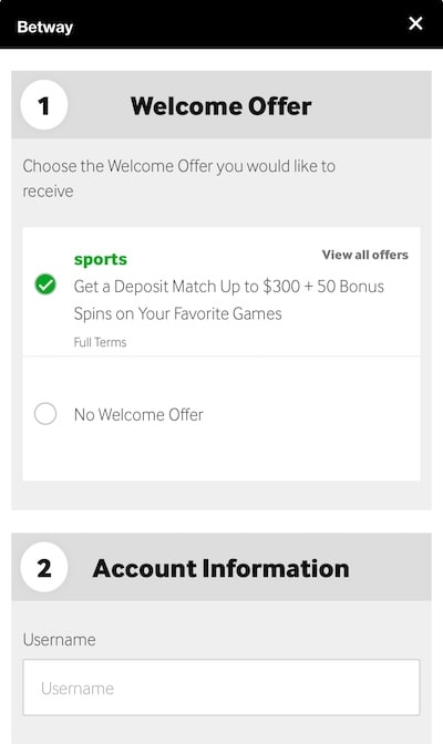 Betway registration form 1