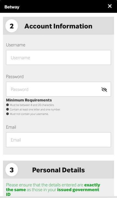 Betway registration form 2