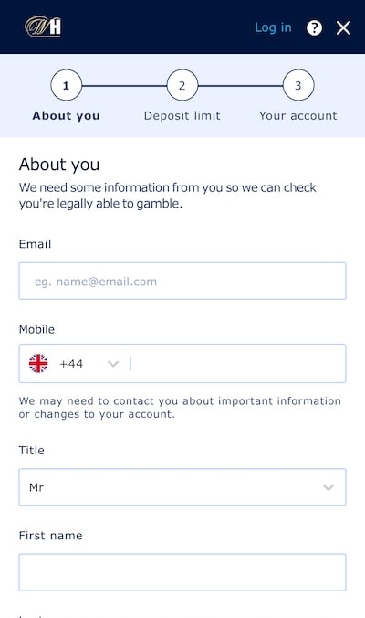 William Hill registration form 1