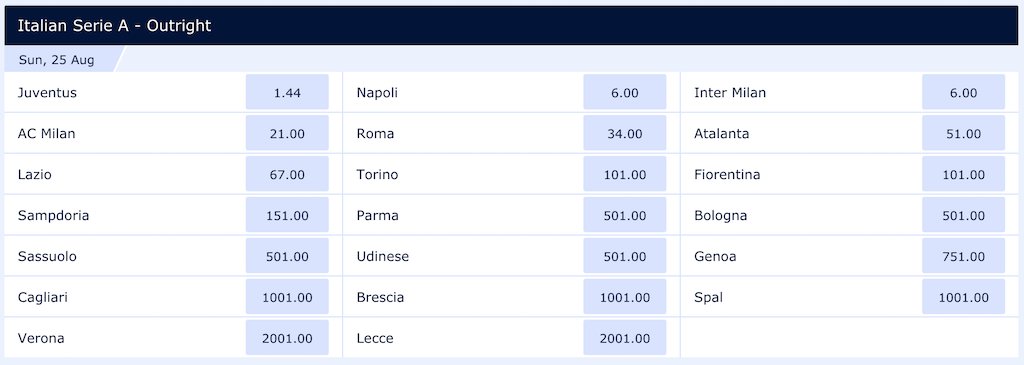 Italian Serie A 2019/20 To win Outright odds