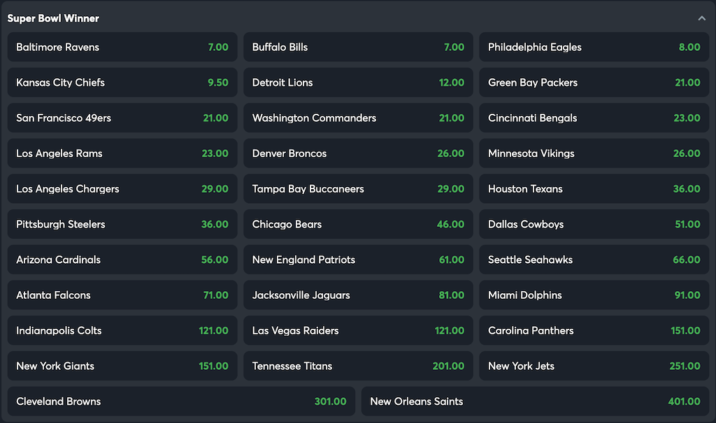 NFL 2025/2026 Superbowl 60 Winner Odds