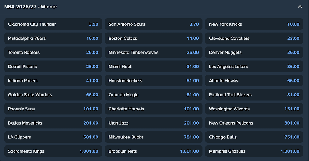NBA2026/2027 to win outright betting odds